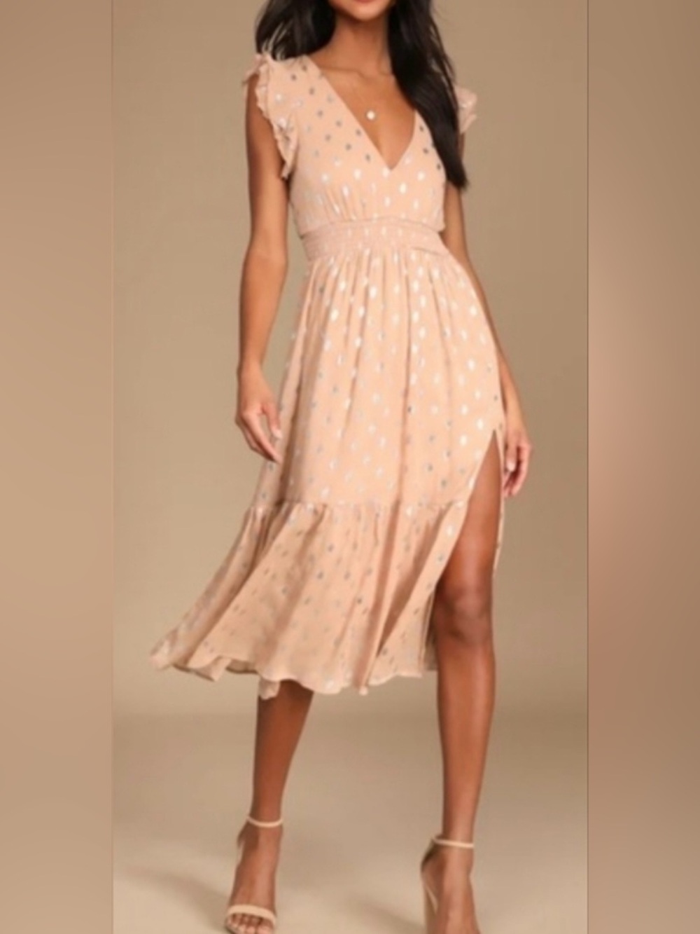 Lulu's Tan and Silver Polka Dot Midi Dress with Side Slit NWT!!